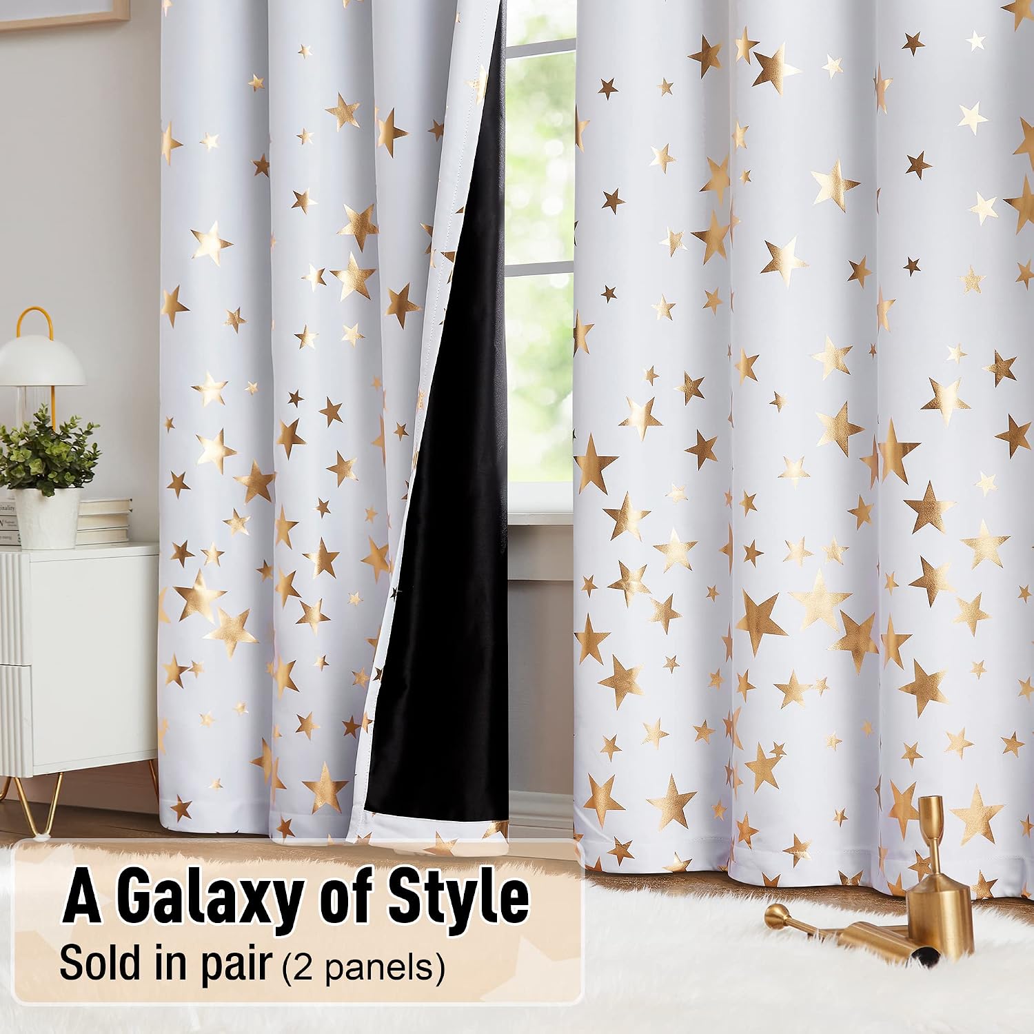 Detalle de White Gold Blackout Curtains for Bedroom – 2 x 50x72 Panels with Silver Grommets