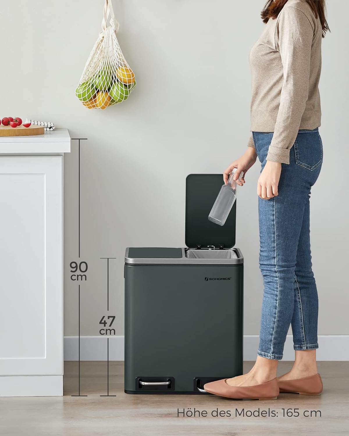 Thumbnail 6 de SONGMICS Mülleimer Küche 2 x 15 Liter – langlebiges Mülltrennsystem mit Fußpedal, Softclose-Deckel und 15 Müllbeutel, grüngrau LTB30GS