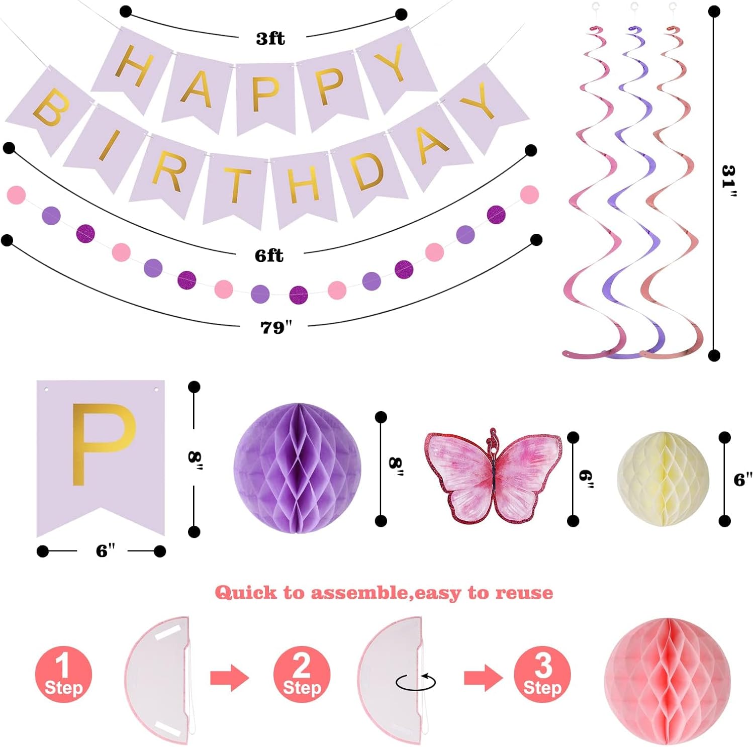 Thumbnail 2 de Lsoar Lila Geburtstagsdekorationen: Happy Birthday Banner mit Schmetterlingen, Honeycomb-Bällen & Luftschlangen