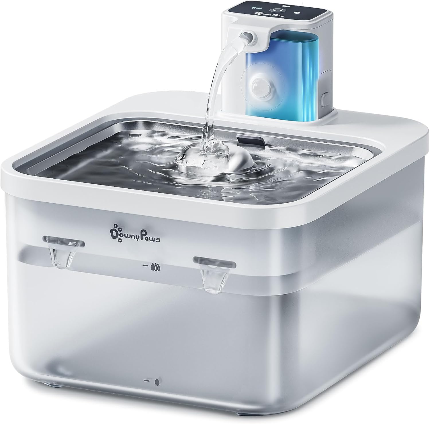 Detalle de DownyPaws Katzenbrunnen Kabellos 2,5L – Bewegungsmelder, Edelstahl, 4.000 mAh