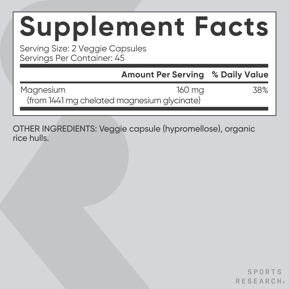 Detalle 1 de Sports Research FG441 Magnesium Glycinate, 160 mg, 90 Veggie Capsules