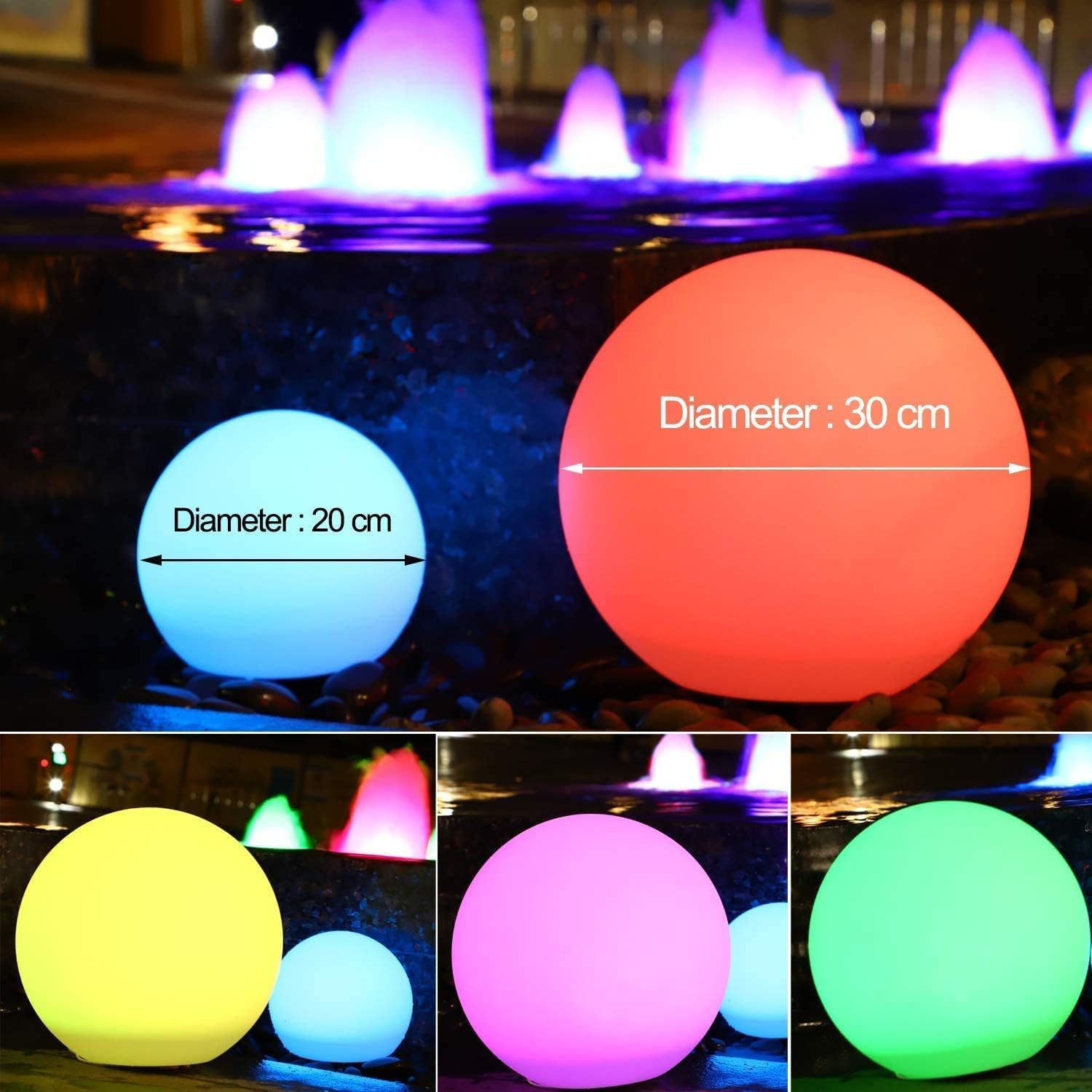 Detalle de 2er-Set: 30 cm RGB Solar-Kugelleuchten mit Fernbedienung, IP66 Außenbeleuchtung für Garten, Teich und Terrasse