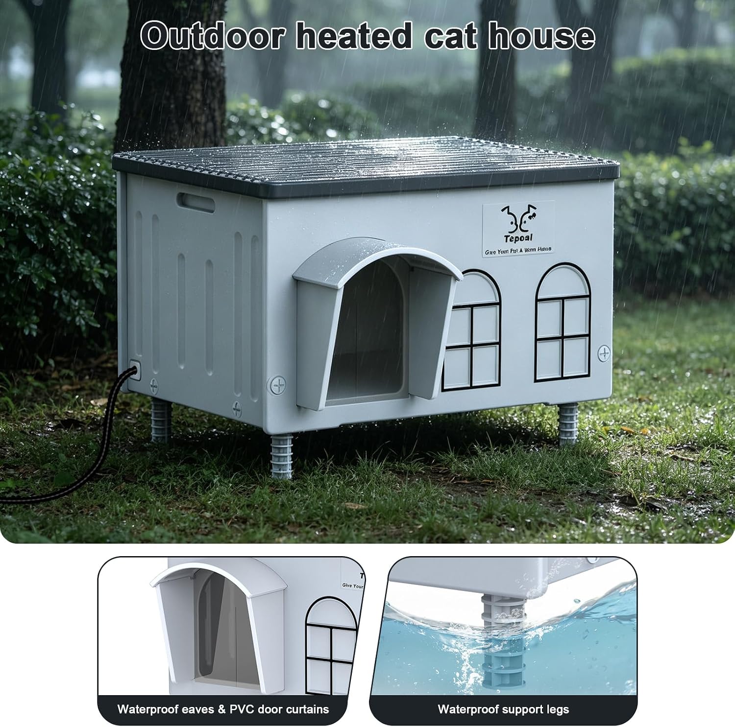 Detalle de Lxheir PL3560C Heated Outdoor Cat House, Insulated with Dual Exits