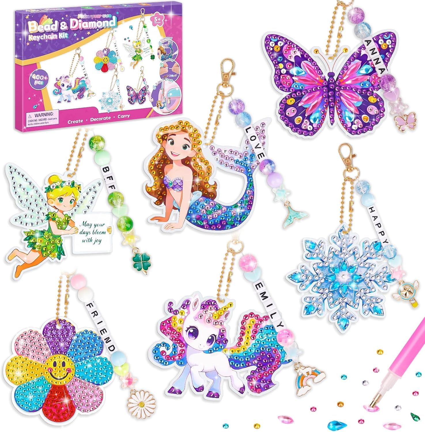 Detalle de Geschenk Mädchen Diamond Painting 2-in-1 Bastelset – Schlüsselanhänger & Diamantenschmuck (6 Motive)