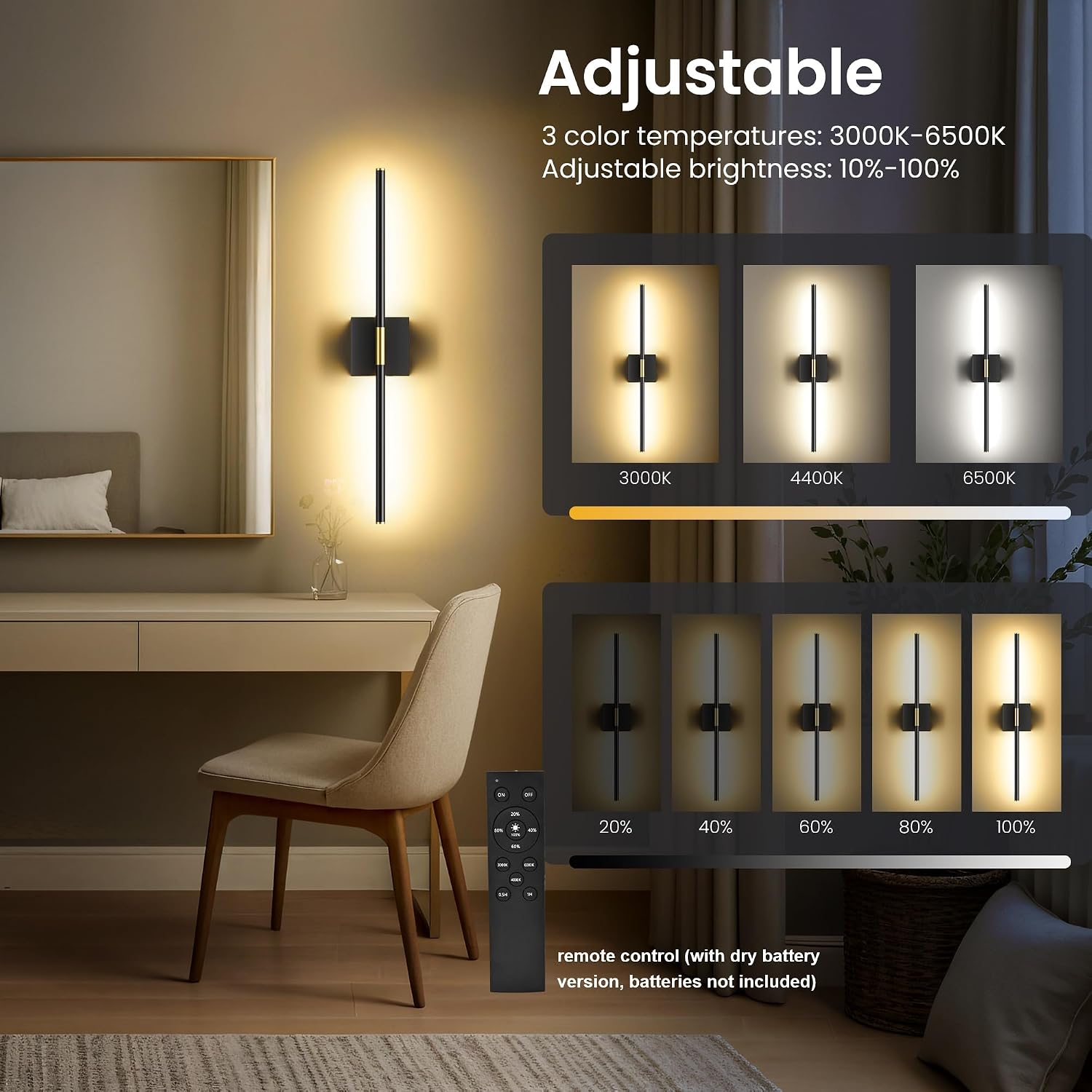 Thumbnail 4 de SyncGlow 29-Inch Rechargeable Wall Sconces, Set of 2, 3CCT, Remote, Black/Gold