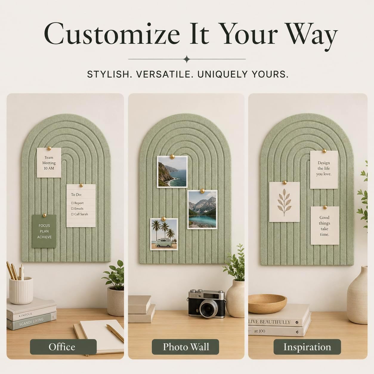 Detalle 2 de Clavorae Large Arched Felt Bulletin Board, 24" x 18", Sage Green, 50 Pins