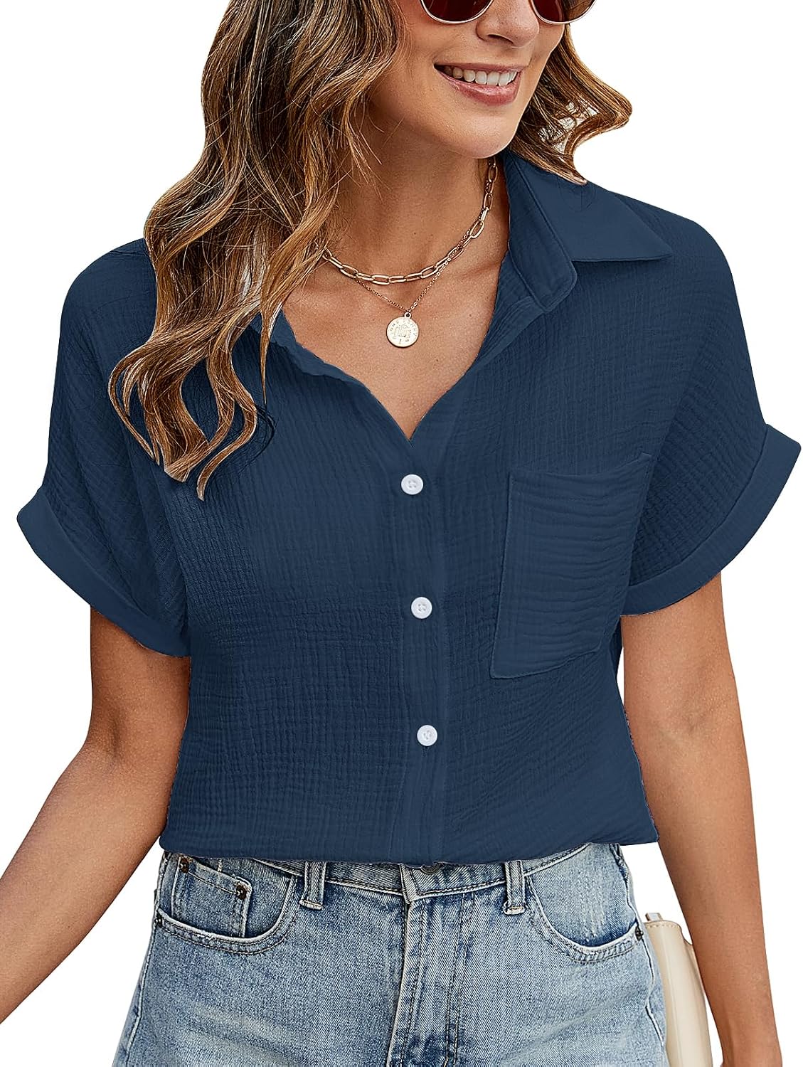 Detalle de PASUDA camicia donna estiva in cotone con scollo a V e bottoni, manica corta casual elegante