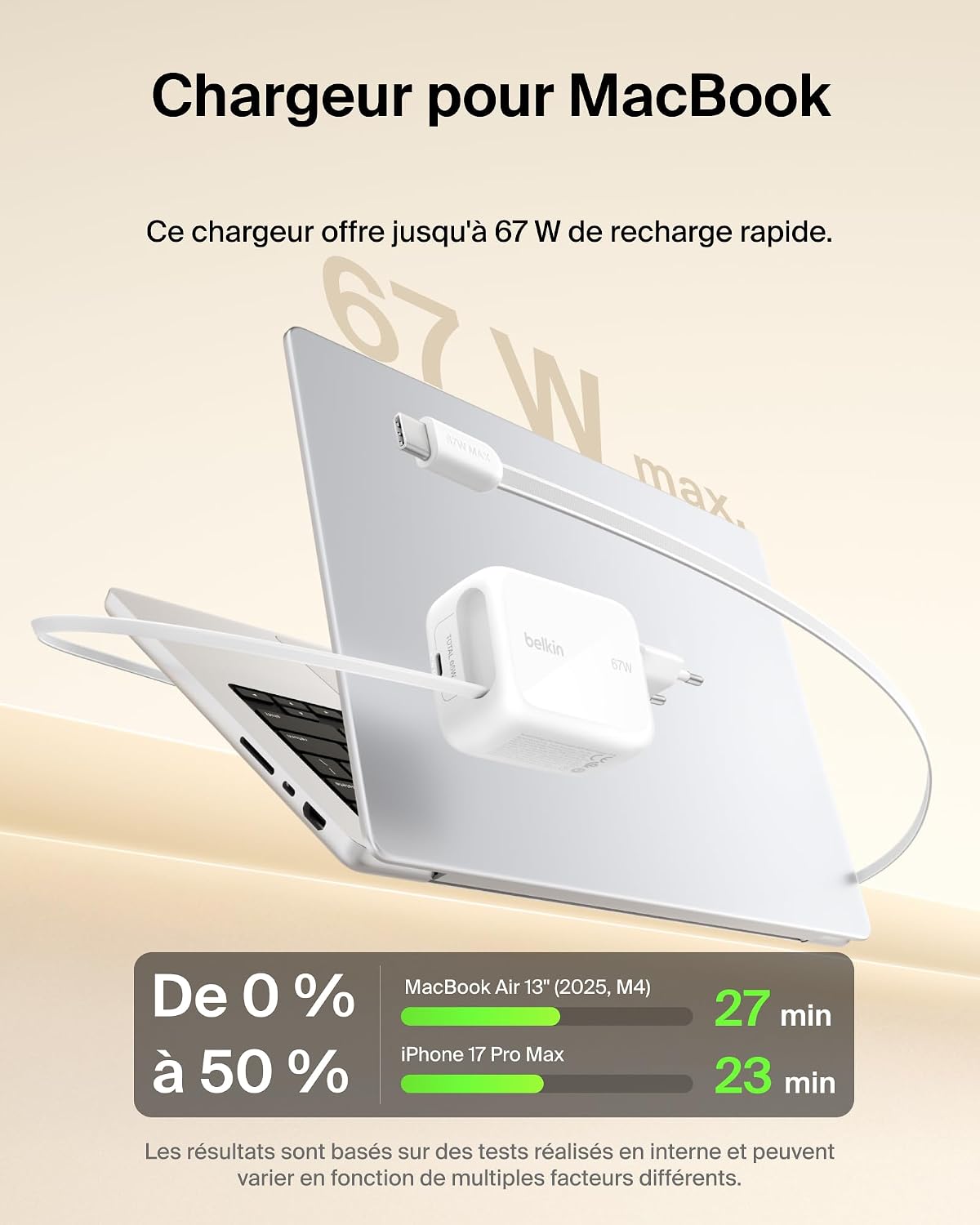 Detalle de Belkin Chargeur USB-C GaN 67 W avec câble rétractable 1 m – PD PPS et charge simultanée