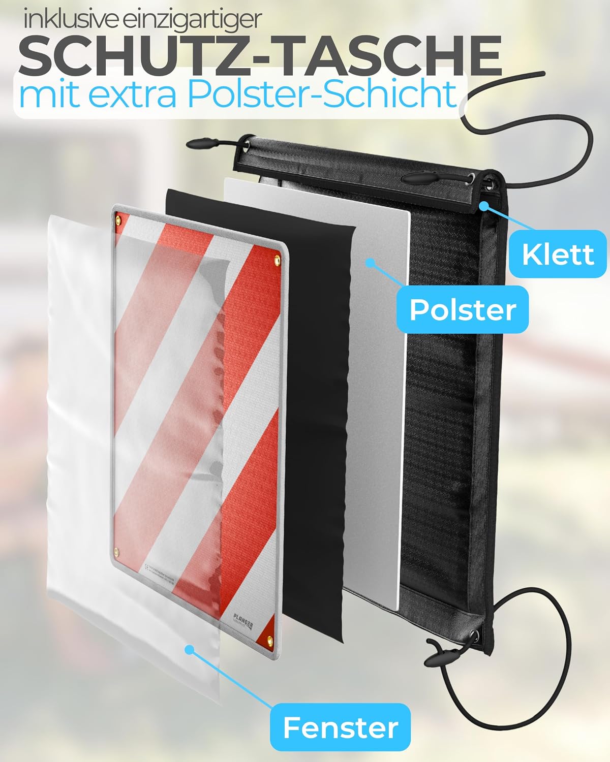 Thumbnail 3 de PLANGER® Warntafel 3in1 Italien/Spanien/Portugal 50 × 50 cm – Schild, Tasche und Spanner