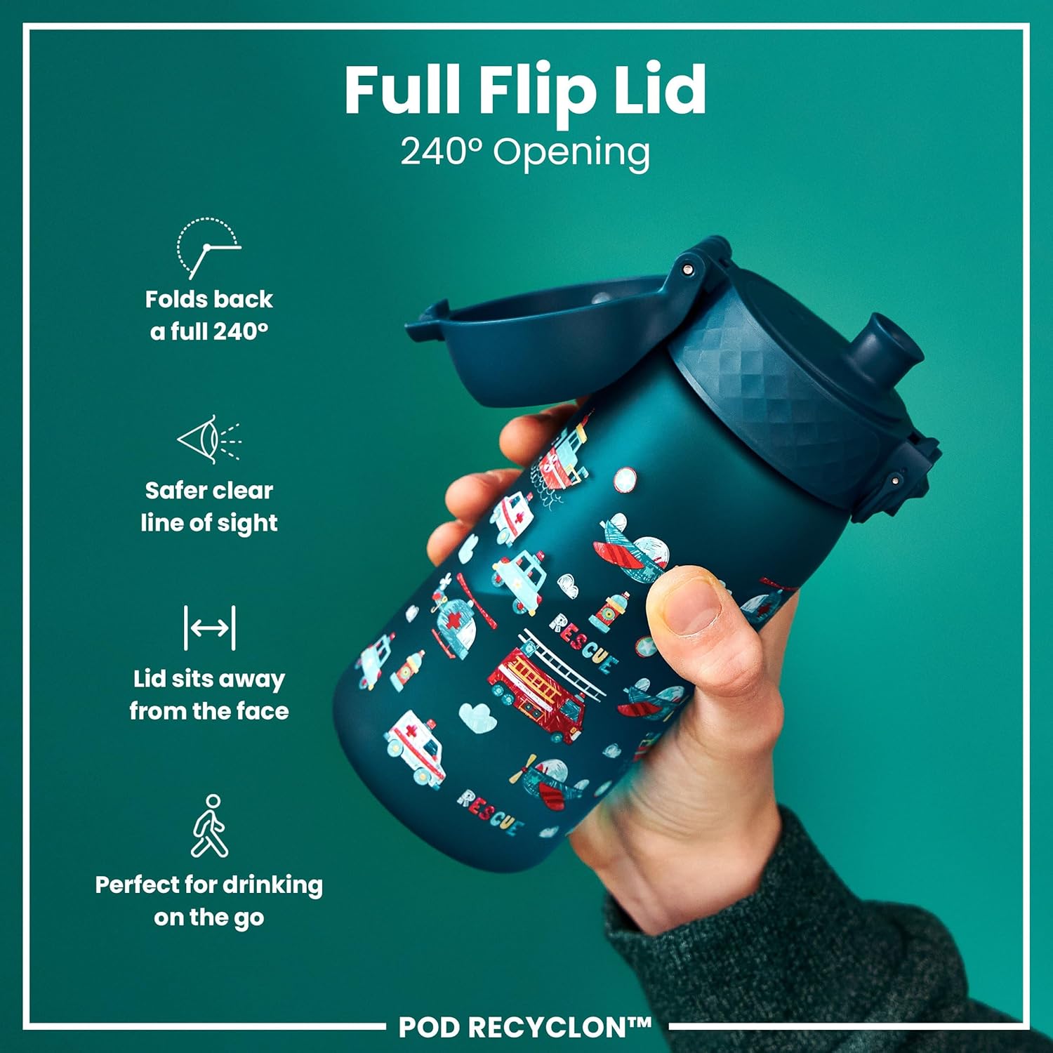 Detalle de Ion8 Small Water Bottle, Teal – Leak-Proof Kids’ Bottle with Flip Cover & Dishwasher Safe Design