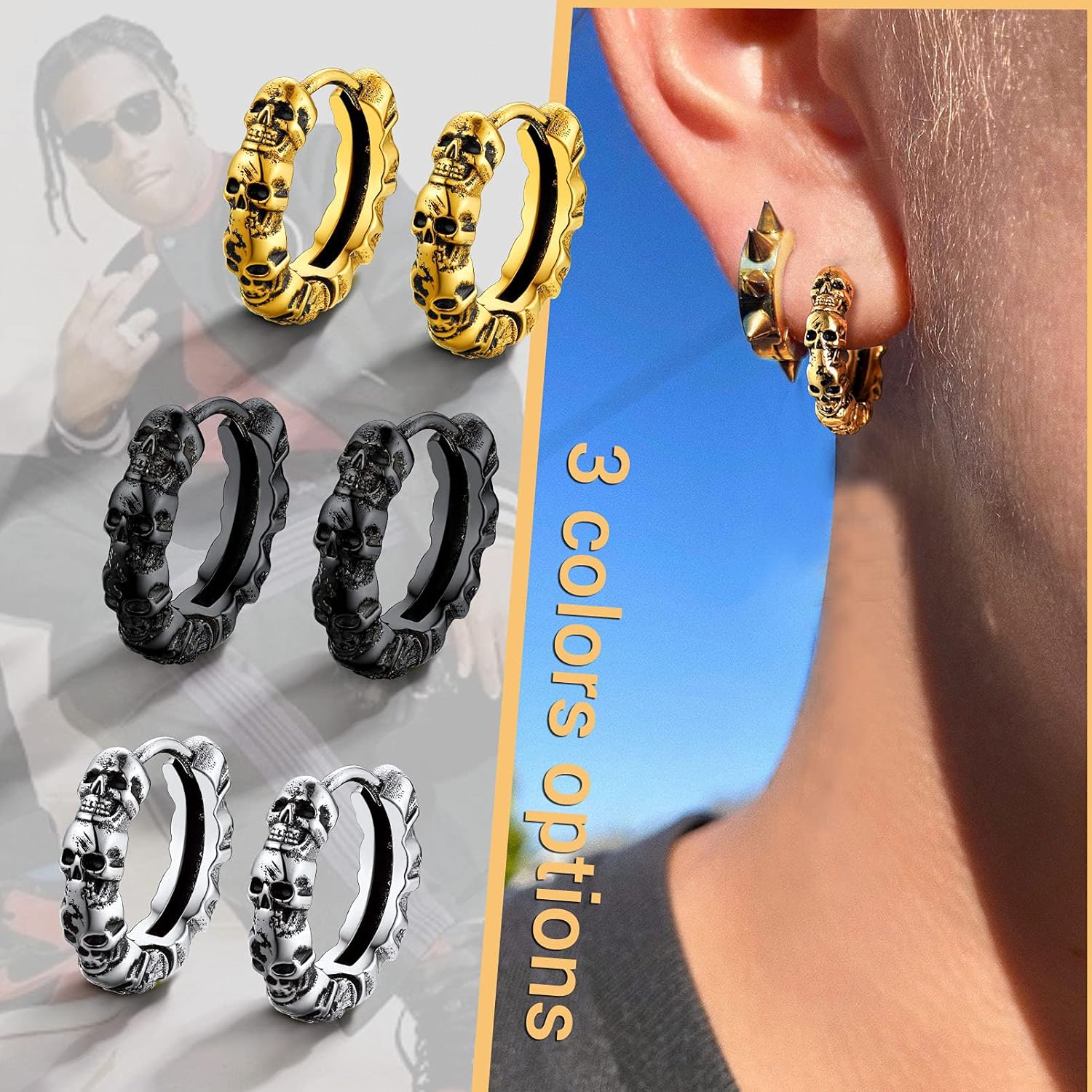 Thumbnail 5 de PROSTEEL Boucle d’oreille homme tête de mort en acier inoxydable 316L, créole pendante noir
