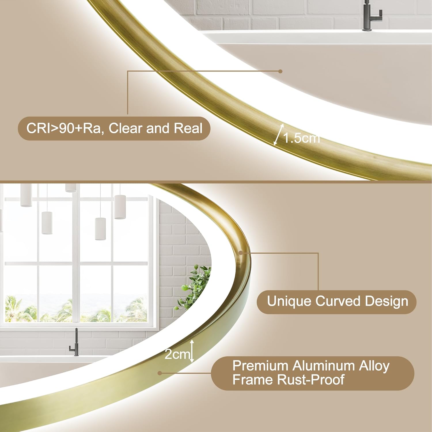 Thumbnail 1 de S'bagno Miroir Salle de Bain avec Éclairage 60x90 cm – Miroir ovalado avec Cadre Aluminium doré, anti-buée, IP44