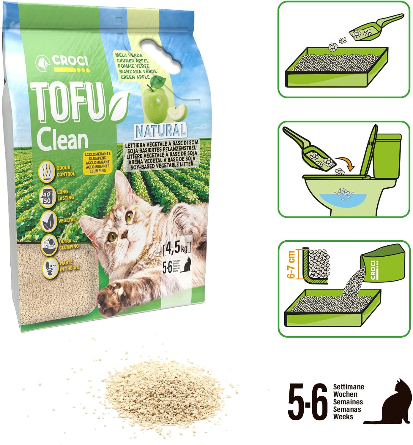 Detalle de Croci Tofu Clean Katzenstreu mit grünem Duft – biologisch abbaubar, 100% pflanzlich, langanhaltend