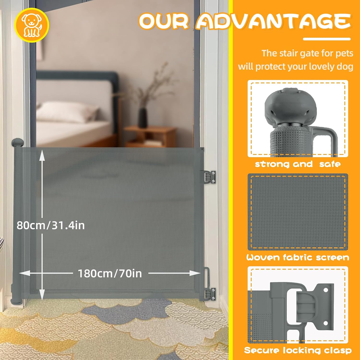 Thumbnail 1 de Rainberg Retractable Stair Gate for Baby & Pet – 180cm Wide, 80cm Tall, One-Hand Operation