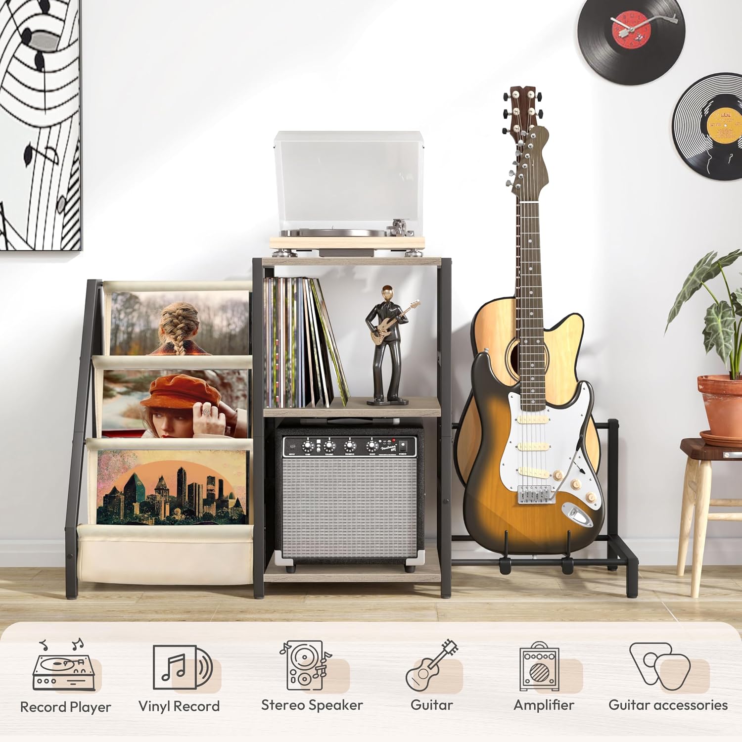 Detalle de Bikoney Record Player Stand with 3-Tier Vinyl Storage and Guitar Stand – White