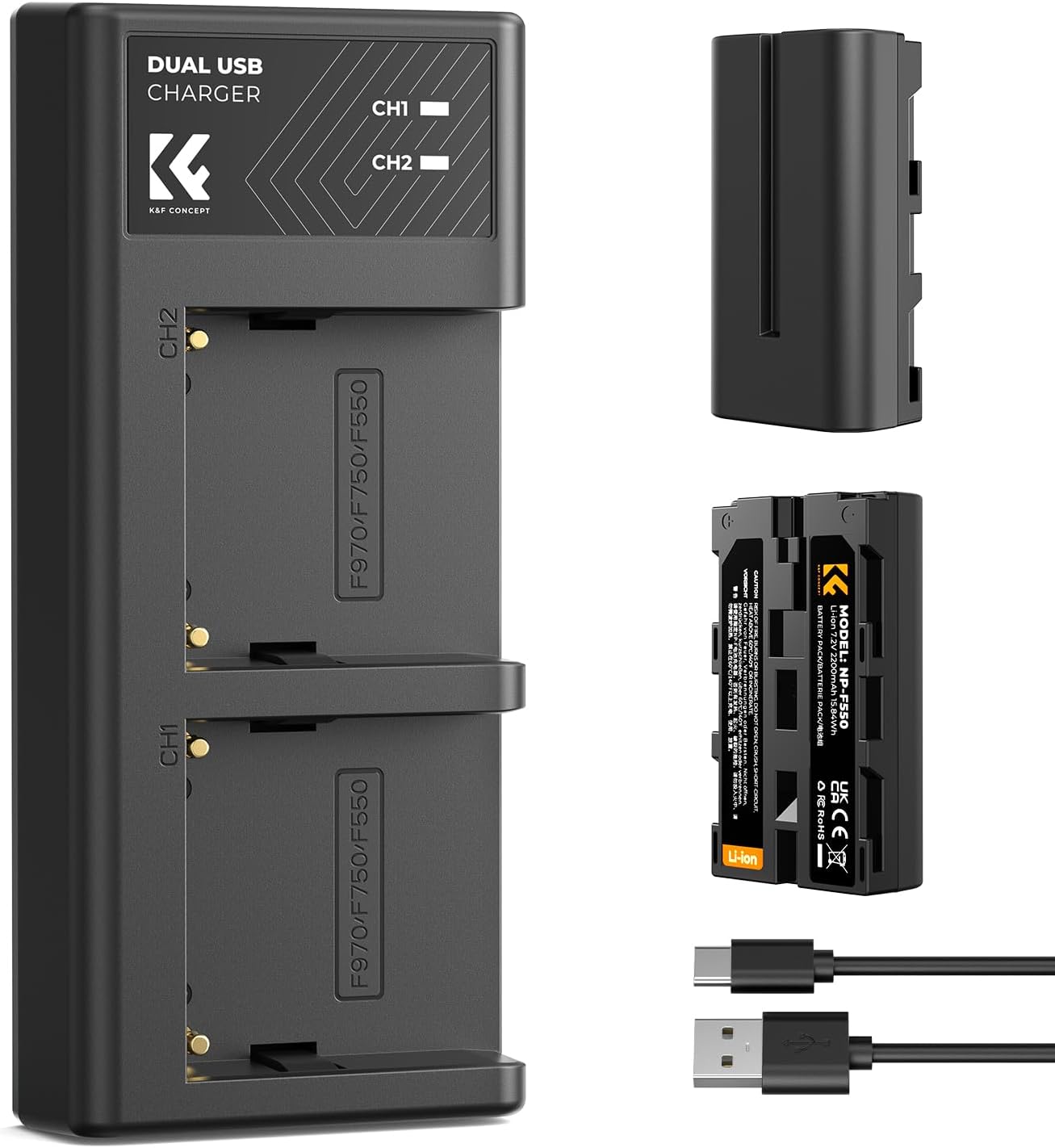 K&F CONCEPT NP-F550 (2 batterie) da 2600 mAh + kit doppio caricatore micro USB per Sony NP-F550/F570/F750/F770/F930/F950/F960/F970