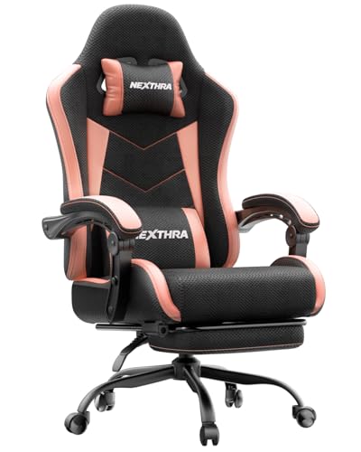 Detalle de Nexthra Gaming Stuhl – ergonomischer Bürostuhl mit höhenverstellbaren Linkage-Armlehnen, Lendenkissen und Fußstütze – Rosa