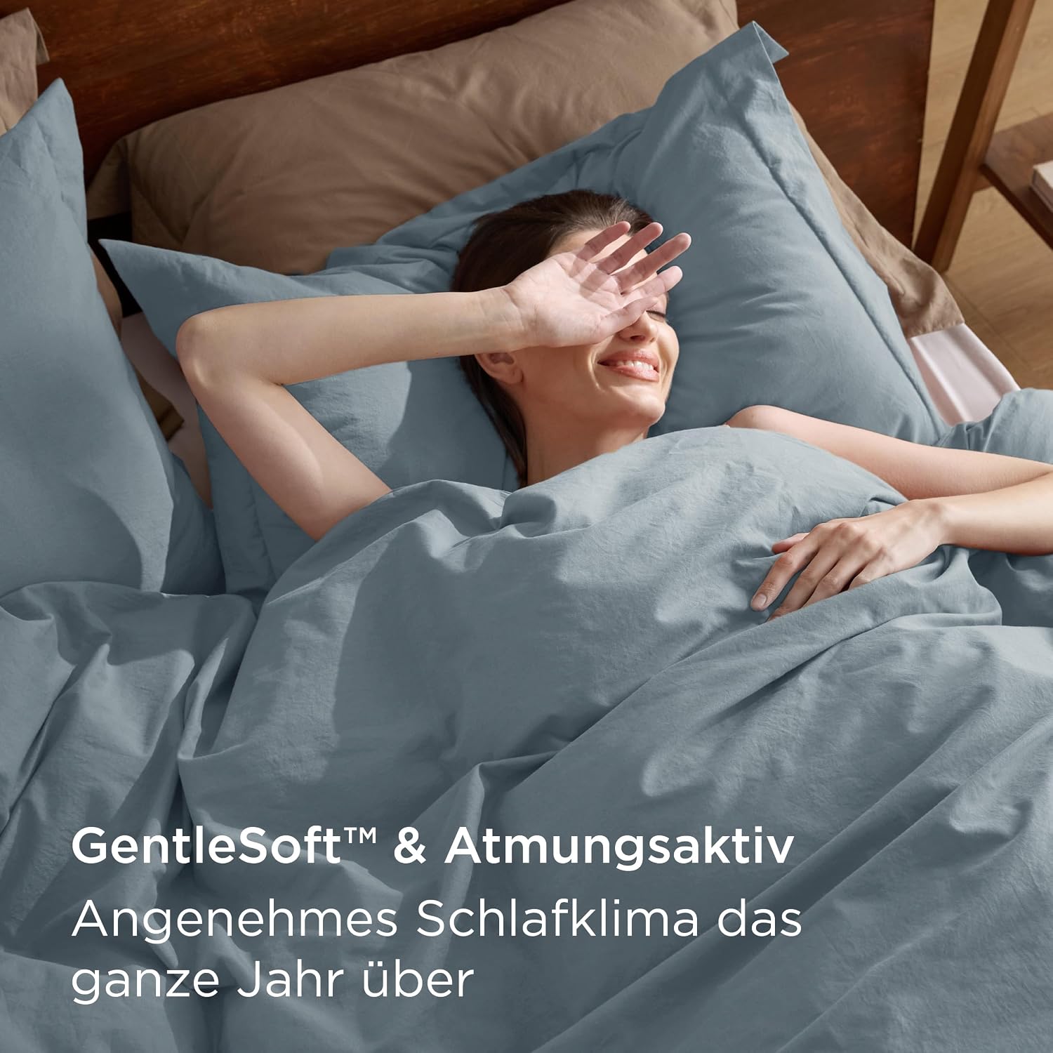 Detalle 2 de BEDSURE Bettwäsche 155x220 cm aus Baumwolle, 3-teilig – Sommer-Set in Graublau, Wasch-Leinen-Textur, 100% gekämmte Baumwolle, mit Reißverschluss