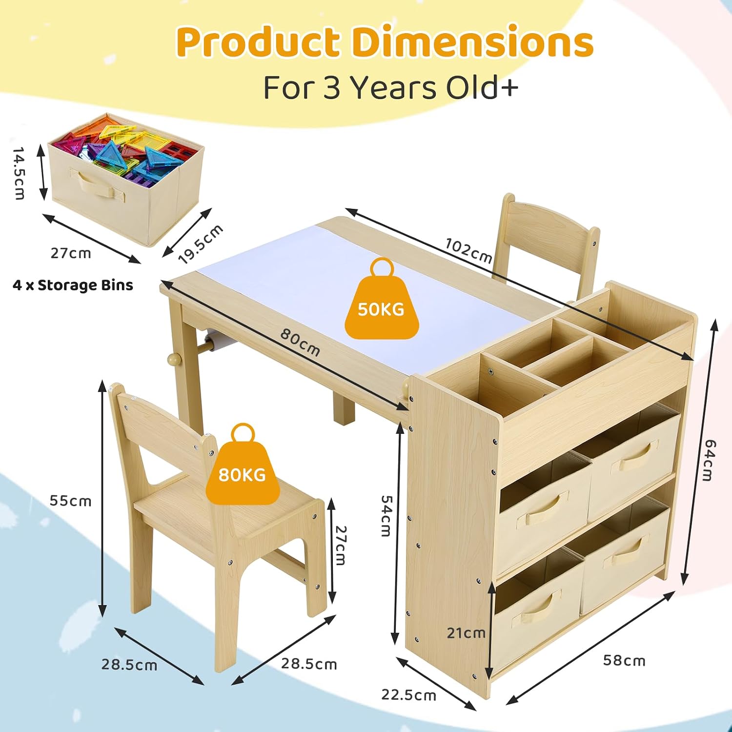 Detalle de Clevich Kids Table and Chairs: 2-in-1 Wooden Craft Desk with Paper Roll, Storage Boxes and Dual Chairs