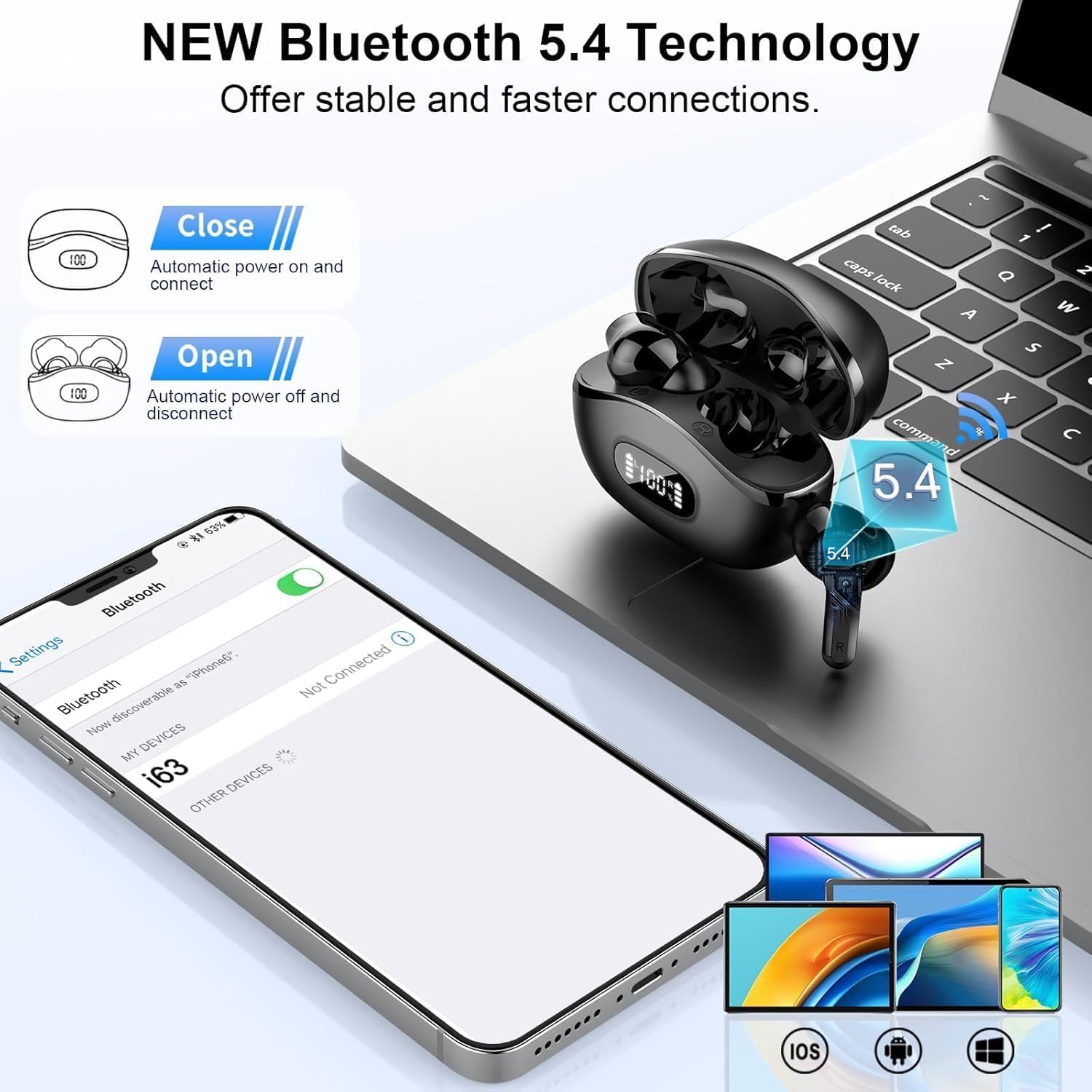 Thumbnail 2 de Wireless Earbuds (Bluetooth 5.4) HiFi Stereo with 4 ENC Noise-Cancelling Mics, 48H Battery, Dual LED Case Display, IP7 Waterproof - Black
