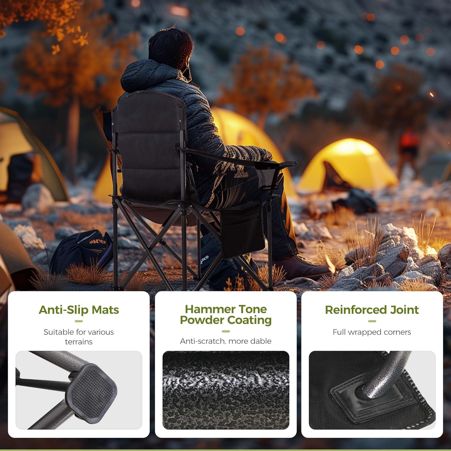 Thumbnail 6 de ALPHA CAMP Set of 2 Heavy-Duty Camping Chairs for Adults – Up to 200 kg (Green)