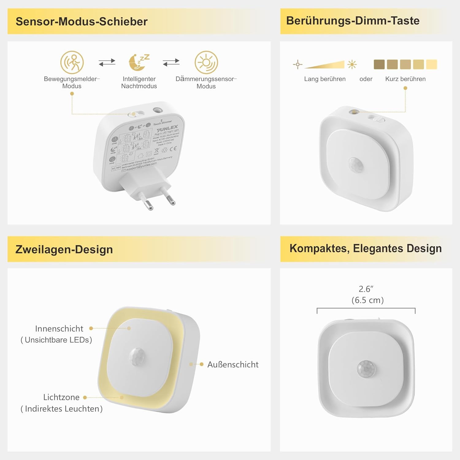 Thumbnail 6 de YUNLEX 2er-Set Nachtlicht-Steckdose mit Bewegungs- & Dämmerungssensor, 3 Sensormodi, dimmbar (rot)