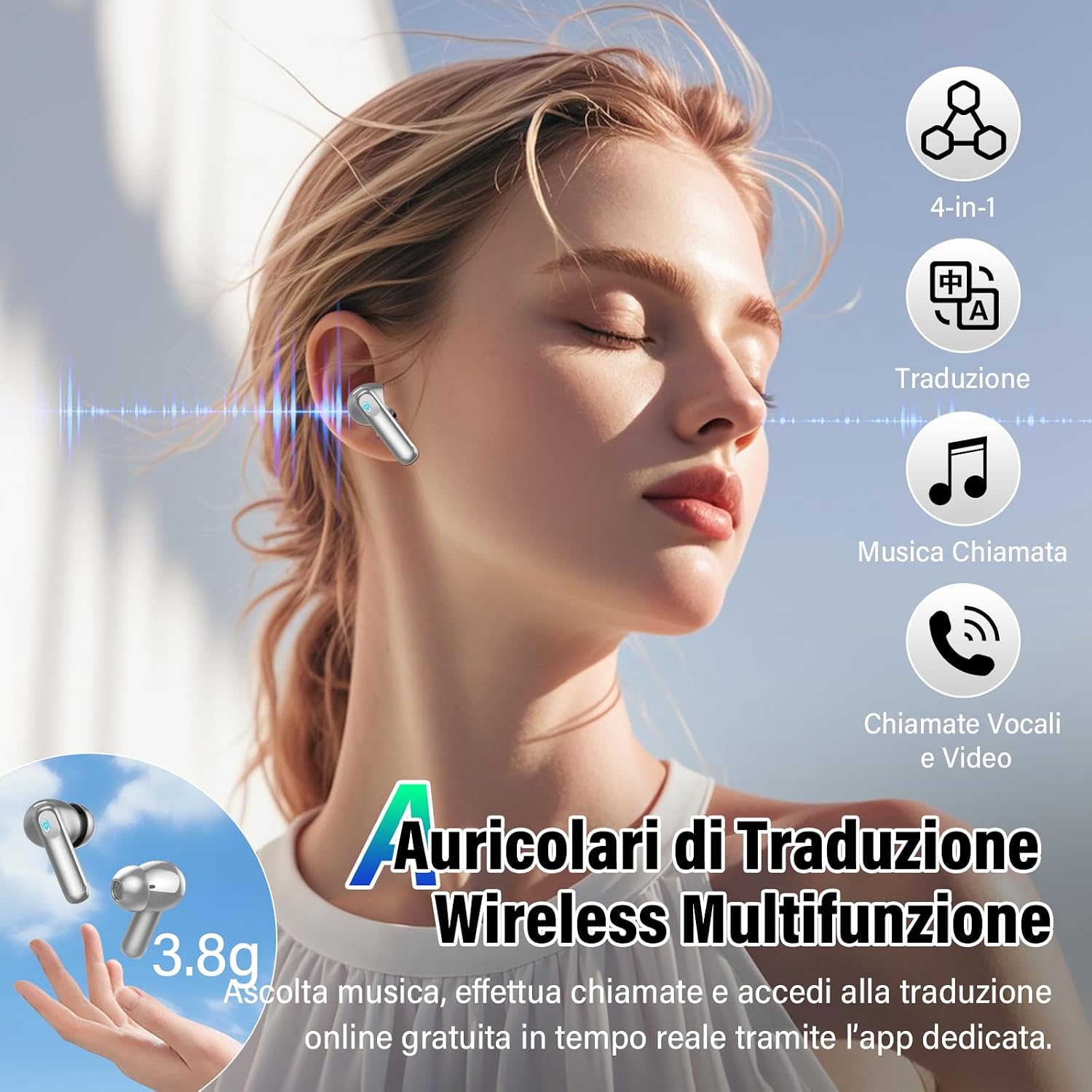 Detalle de AI Cuffie Traduzione 4-in-1: Auricolari con Traduzione Istantanea in 164 Lingue e ANC/ENC