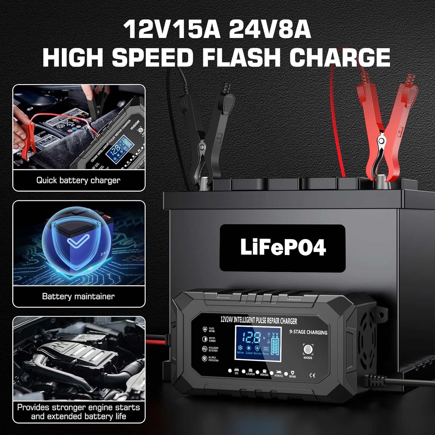 Detalle 2 de Husgw 12V 15A / 24V 8A caricabatterie per auto, moto e camion LiFePO4 con 9 livelli