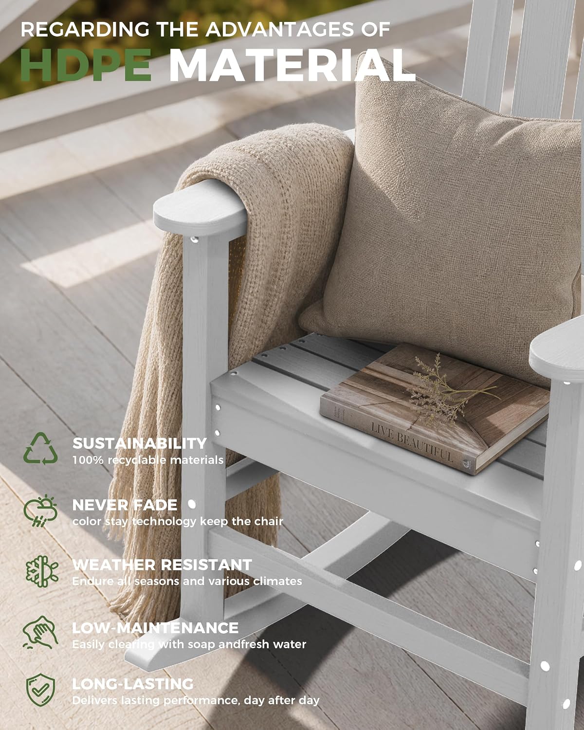 Detalle 1 de SUUNYN SU-Rocking-0802 Outdoor Rocking Chair, White HDPE, High Back