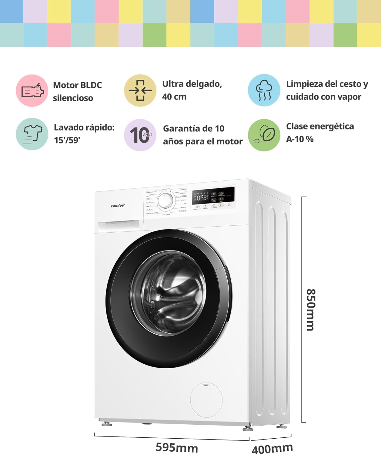 Detalle 2 de Comfee Lavadora 7 kg CFP01EW70W Ultra Slim 40 cm - A-10%