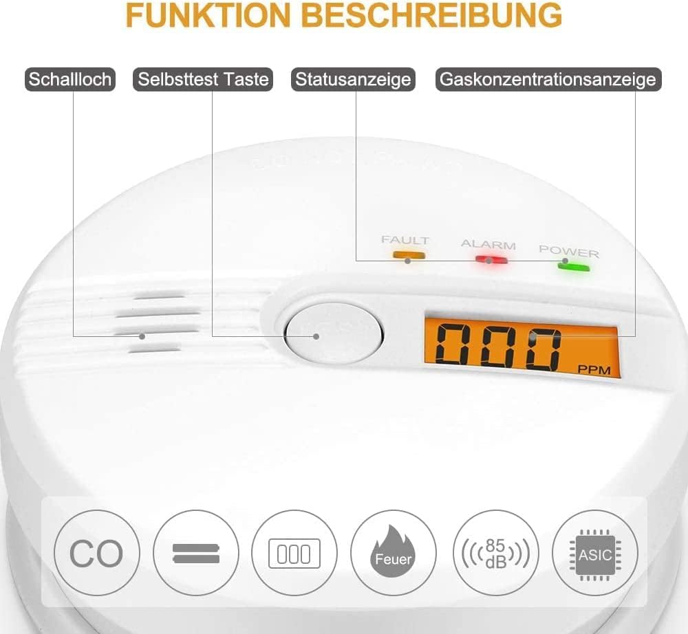 Detalle de Kohlenmonoxid-Warnmelder mit LCD-Anzeige CO Melder (85 dB Alarm) für kontinuierliche Messung – Batteriebetrieb