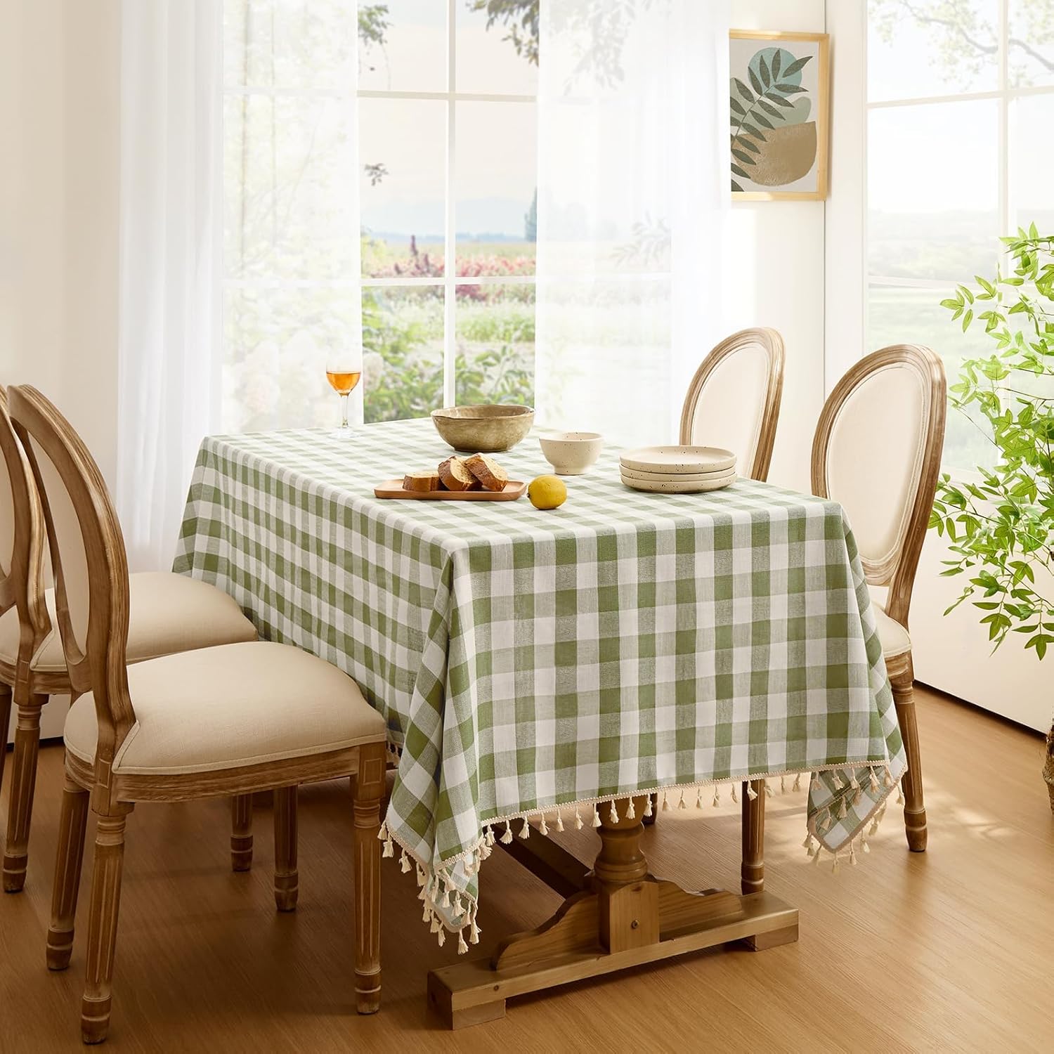 Thumbnail 2 de Softalker Outdoor Checkered Tablecloth with Tassels – 55 x 84 Inch Linen-Cotton Gingham (Sage) for 6-Foot Rectangular Tables