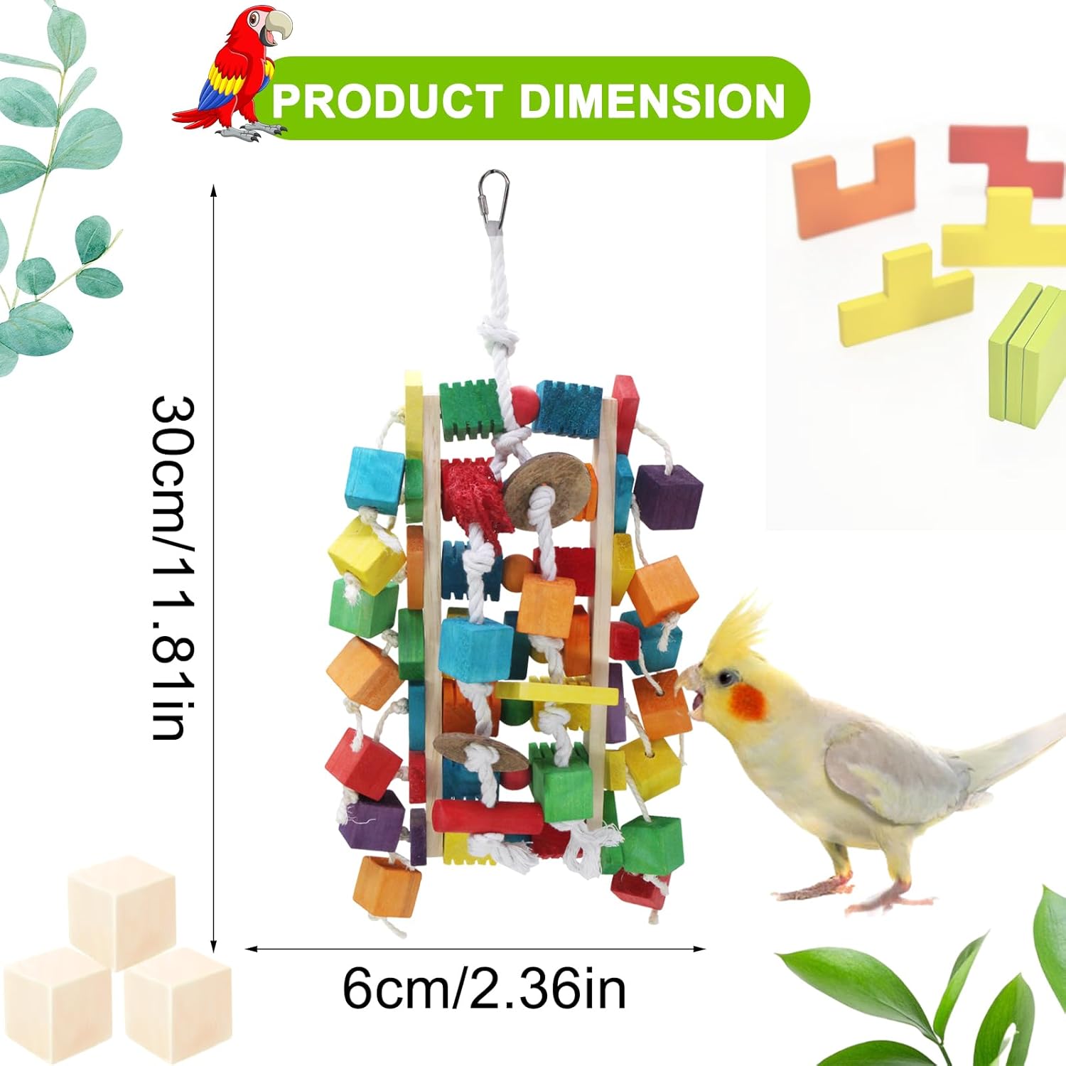 Detalle 2 de MQUPIN Large Bird Parrot Toys – Natural wooden blocks with foraging gaps and cotton climbing ropes