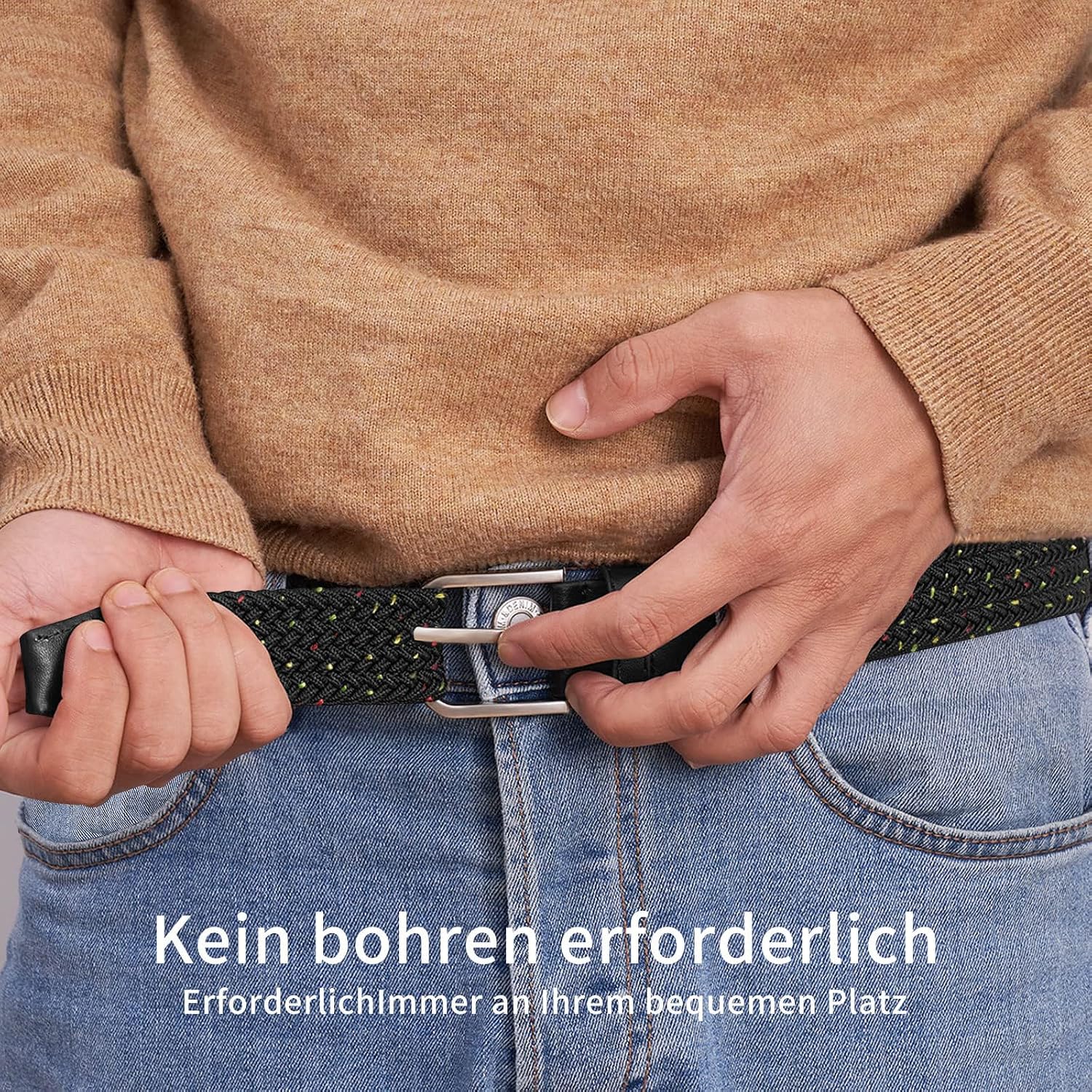 Detalle de TANGCHAO Stretch-Stoffgürtel mit Flechtstruktur (3,3 cm breit), elastisch für Damen & Herren