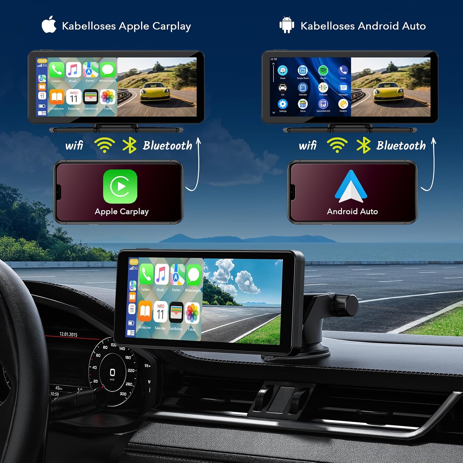 Detalle de LAMTTO Wireless Carplay Display mit Dashcam 2.5K – 6,86 Zoll | CarPlay & Android Auto, Tragbares Navi-Display