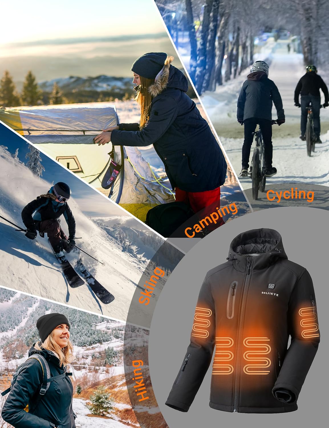Detalle de SOLJIKYE Women's Heated Jacket, 8 Zones, 20,000mAh Battery, Hooded Softshell