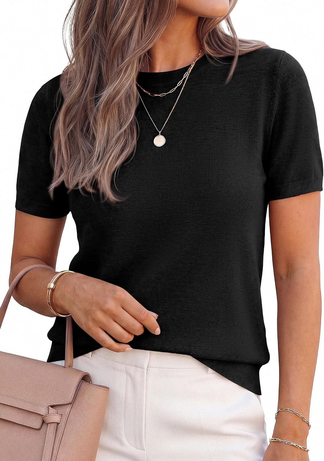 Detalle de PRETTYGARDEN Women's Short Sleeve Sweaters 2026 Spring Crew Neck Knit Work Shirts