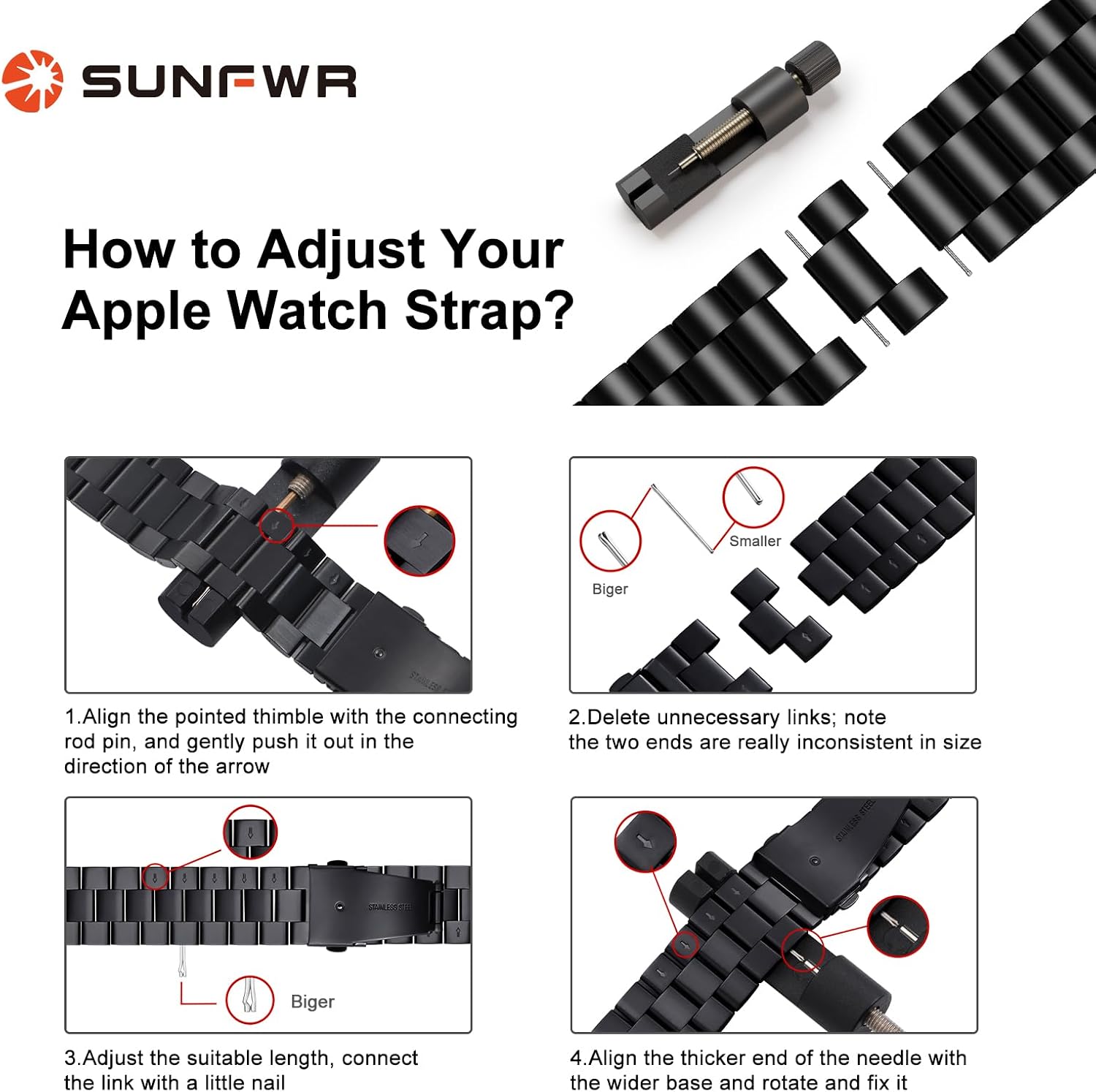 Detalle 2 de SUNFWR Stainless Steel Apple Watch Band, Adjustable Link Bracelet