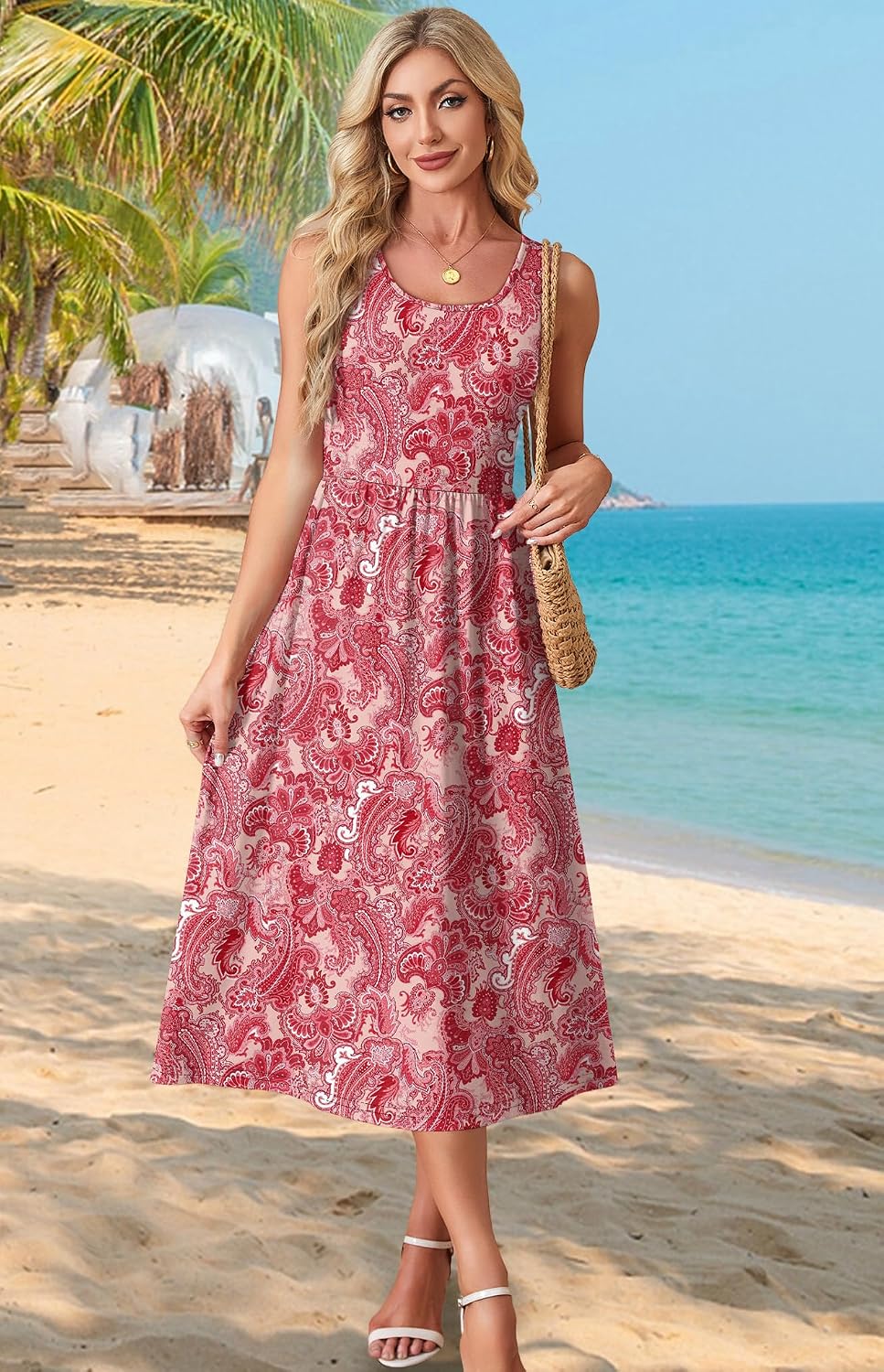 Detalle de WIHOLL Summer Dresses for Women: Flowy Midi Dress with Pockets