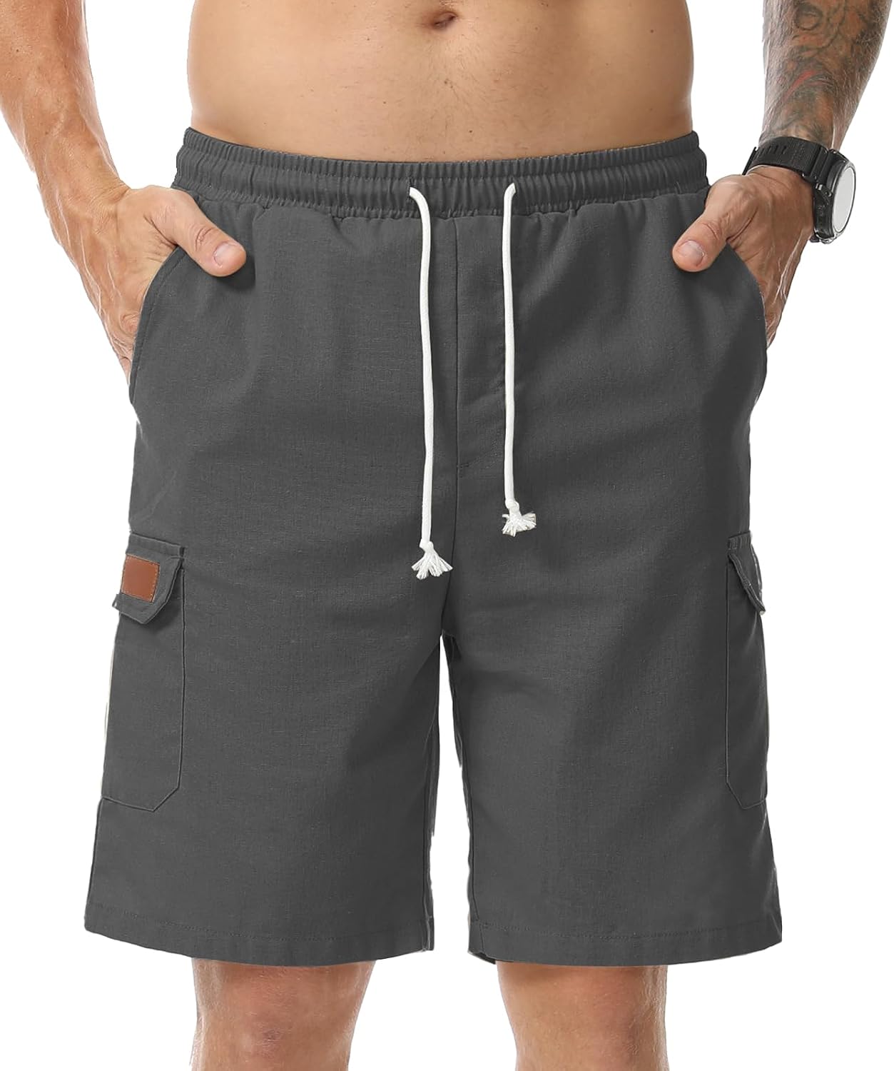 Detalle 2 de Zetieny Herren Leinen-Shorts Casual für Sommer & Alltag mit elastischem Bund und mehreren Taschen