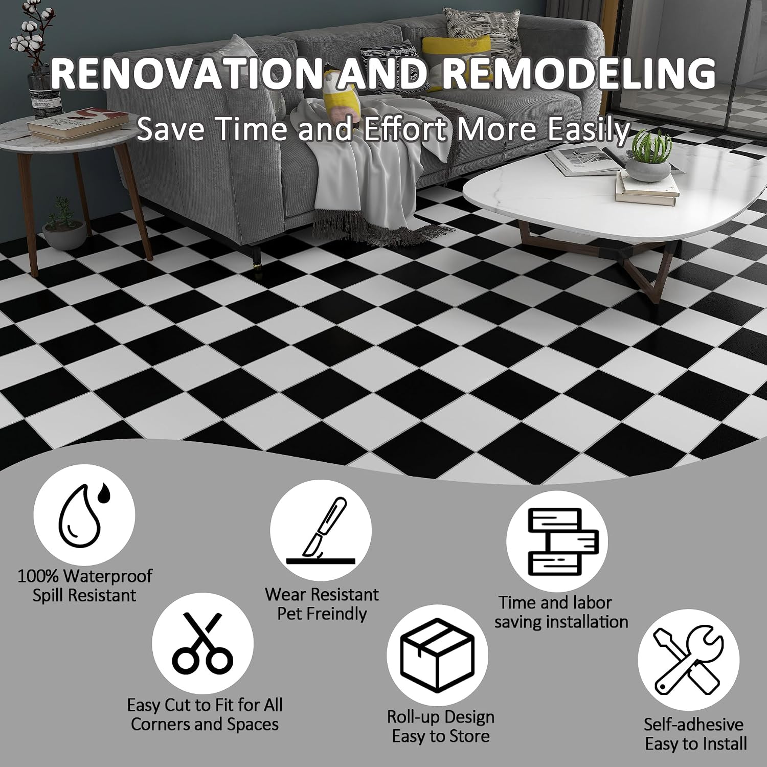 Detalle de Vinyl Flooring Roll 30cm x 5m: Laminate Black and White Marble Peel & Stick