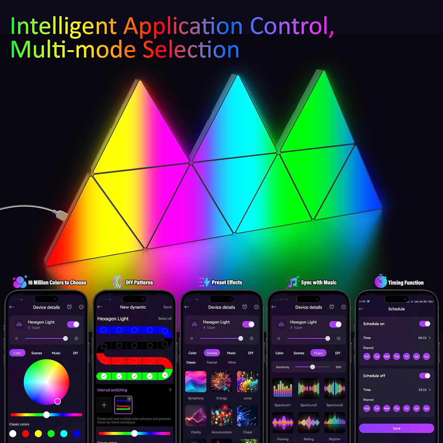 Thumbnail 1 de Lámparas LED RGB triangulares 8 paneles, control remoto y app