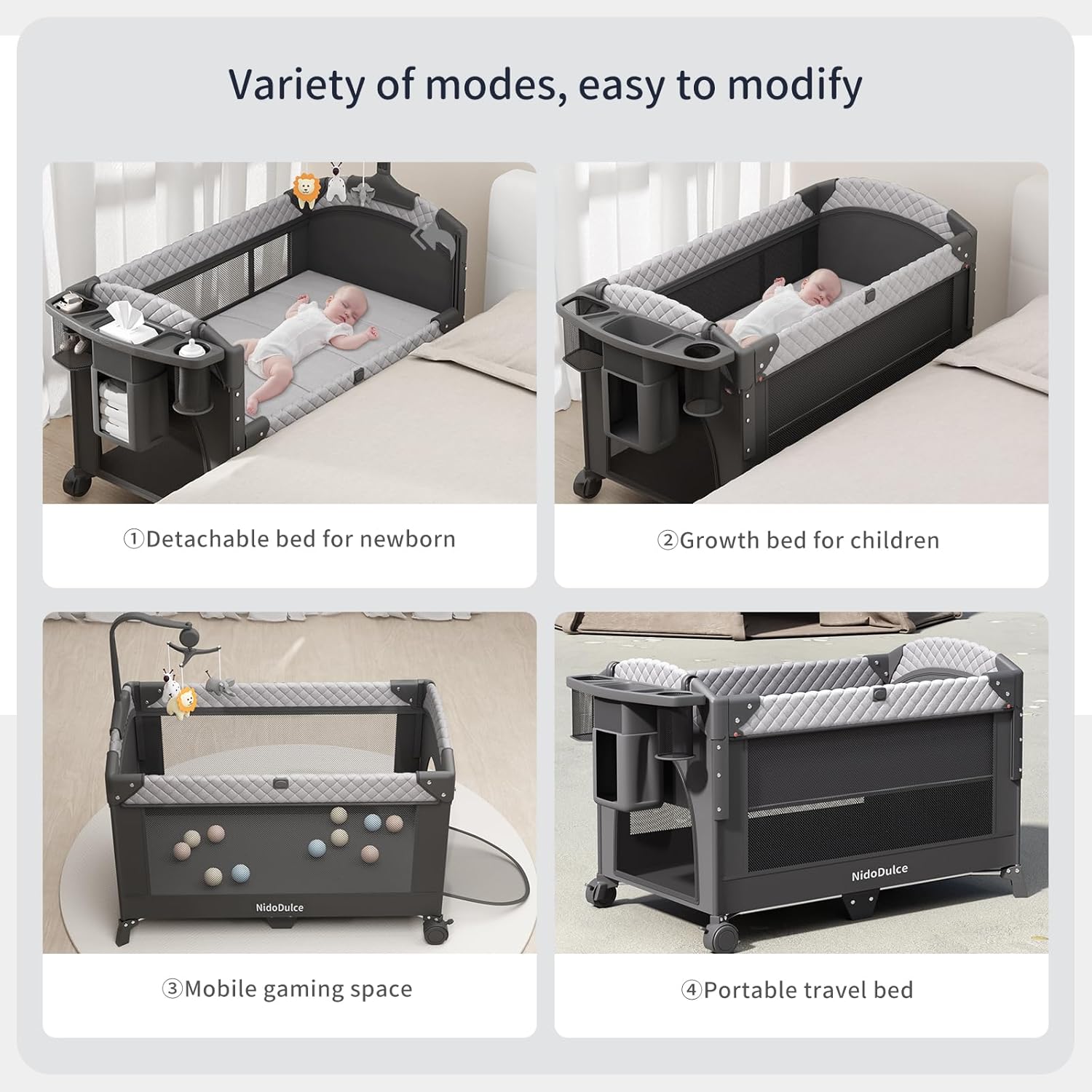 Thumbnail 2 de NidoDulce Portable Travel Cot & Bedside Crib with Mattress, Changing Table & Storage Organiser
