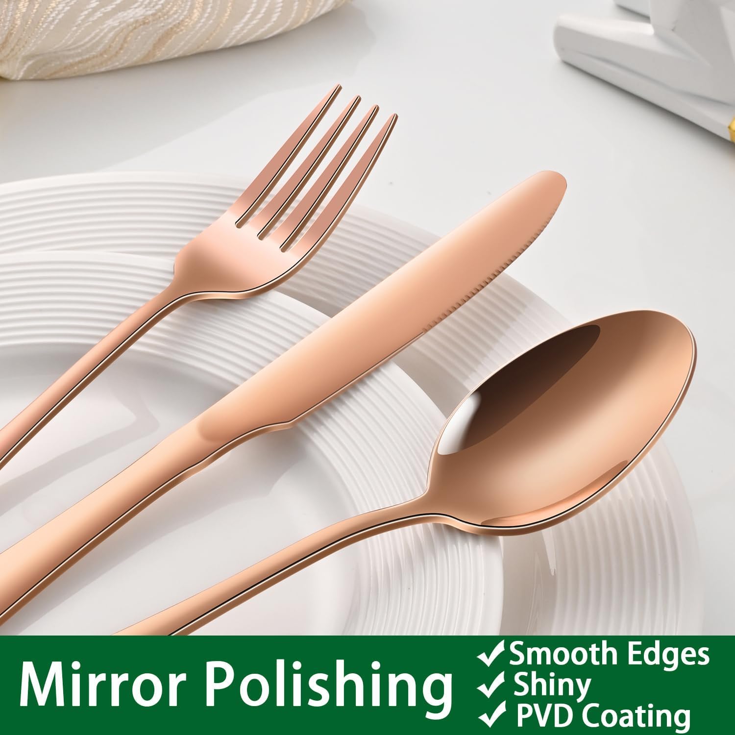 Detalle de Dehov T1010 Rose Gold Stainless Steel Dinner Spoons, 7.3-Inch Set of 8