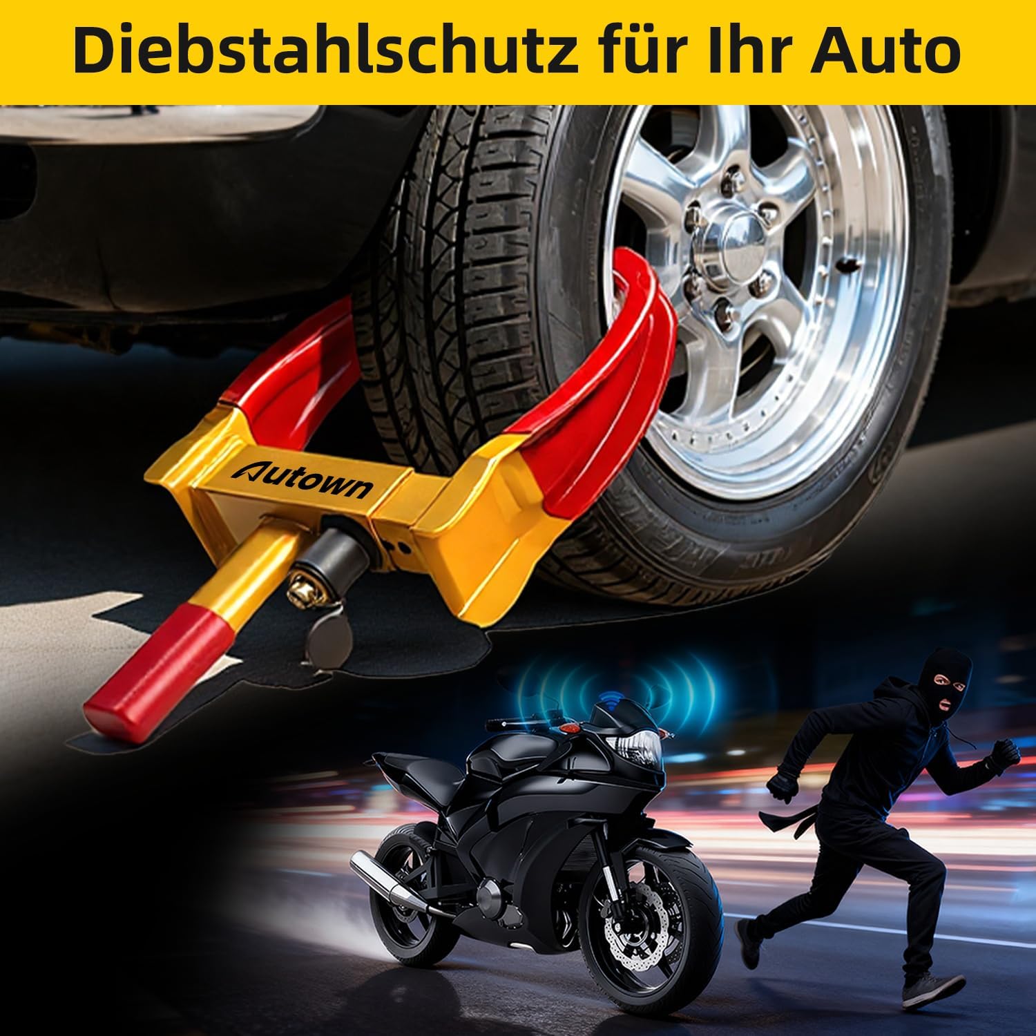 Detalle de AUTOWN Parkkralle Radkralle mit Hochsicherheitsschloss | 18–30 cm, Gelb/Rot, 3 Schlüssel