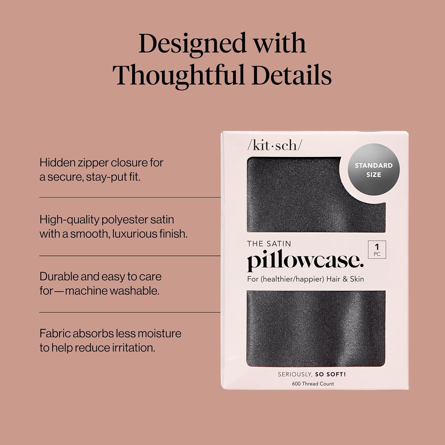 Detalle de Kitsch Satin Pillowcase with Zipper for Hair & Skin (Charcoal) – 48x66 cm