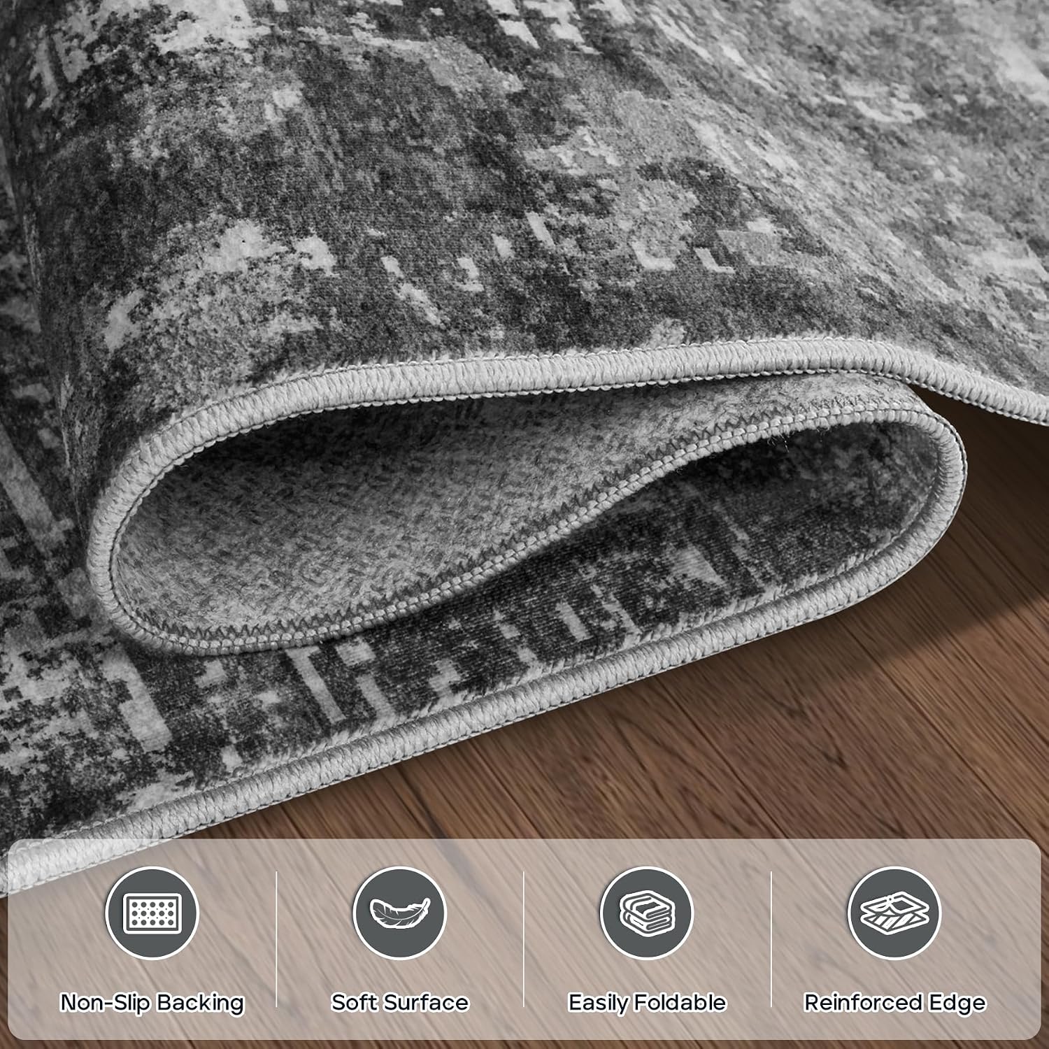 Detalle 2 de Aelenmu 6' x 9' Washable Area Rug, Black and Gray Abstract Polyester