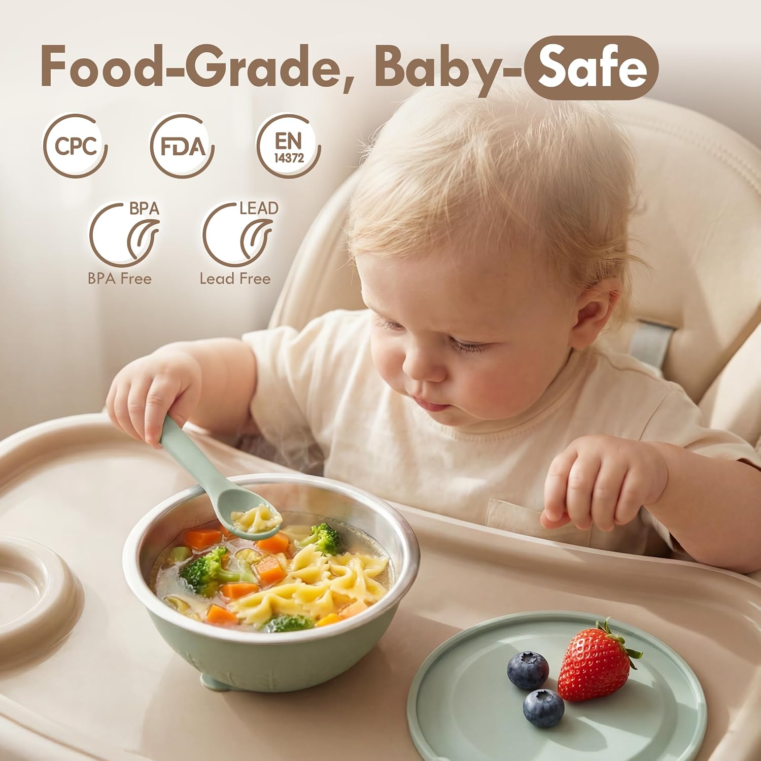 Thumbnail 3 de Moonkie Baby-Schalen aus Edelstahl mit Silikondeckeln – 2er-Set (Pastellblau/Salbeigrün), BPA-frei, spülmaschinenfest, 13 oz