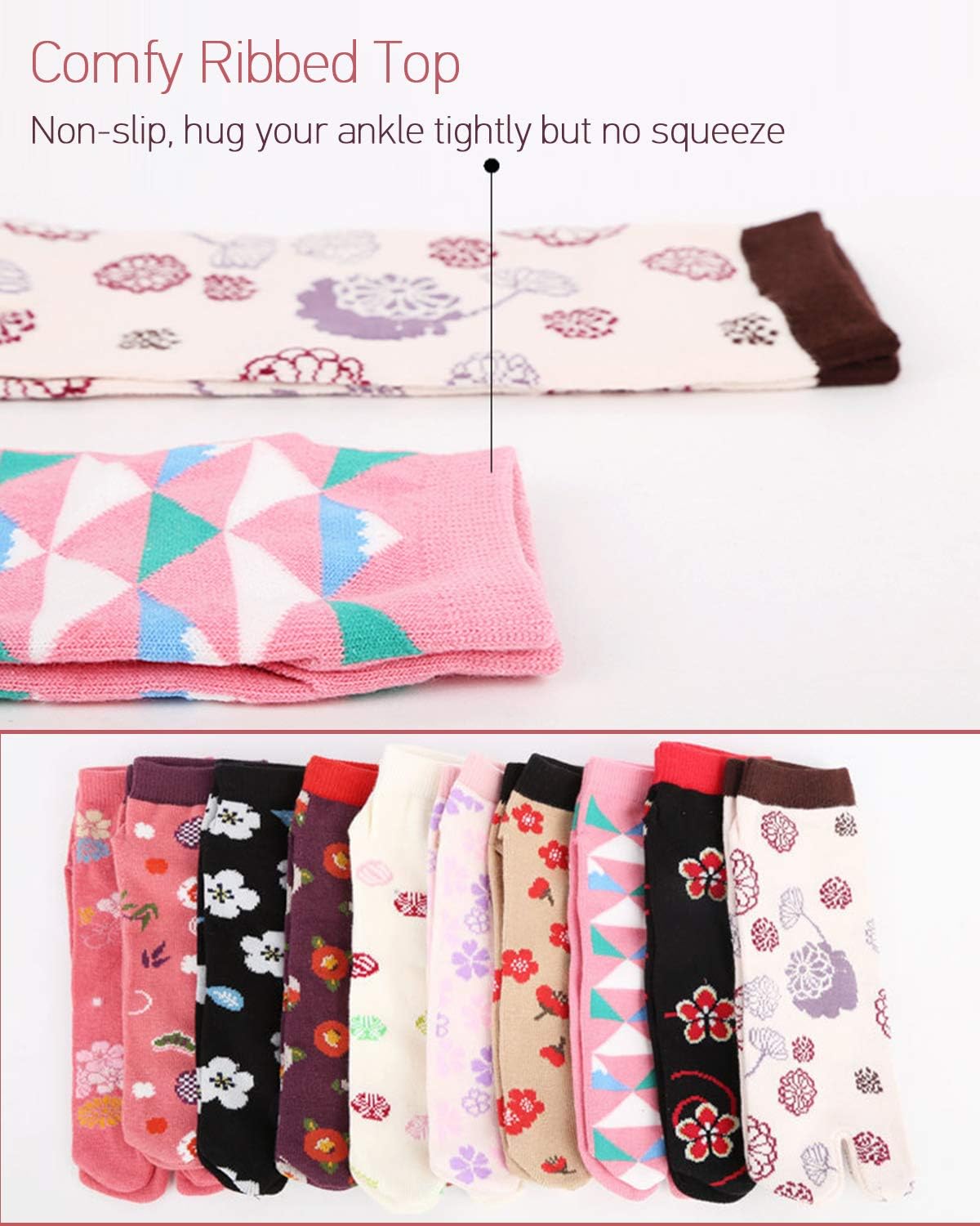 Detalle de Chaussettes japonaises Tabi femme en coton – Sakura motif, 4 paires (taille 35-41)