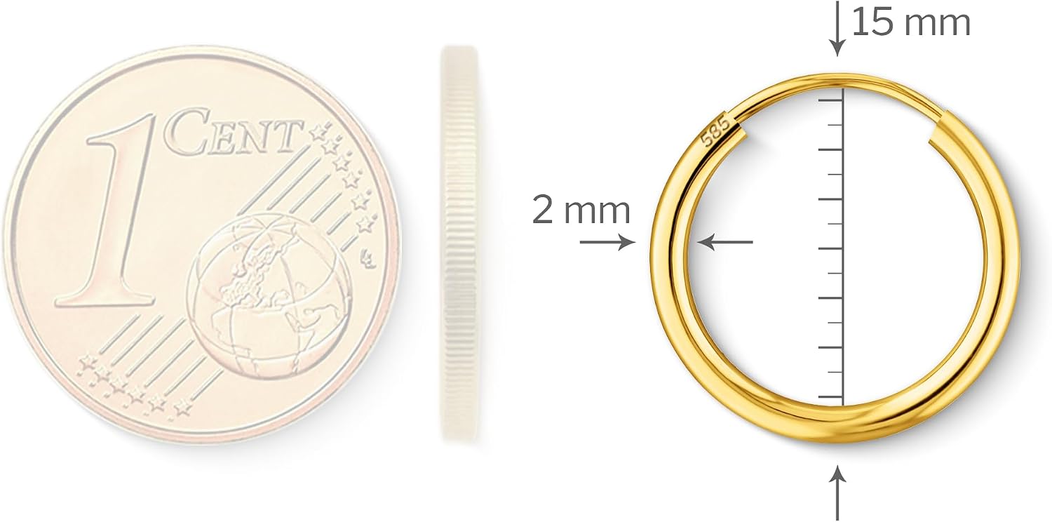 Detalle de EDELIND Boucles d'Oreilles Élégantes Or Jaune 14K – Créoles Or Ø15 mm, Largeur 2 mm